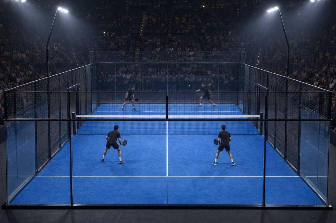 Final de pádel en una pista cubierta de pabellón, con la grada llena. Imagen ilustrativa generada con IA; no es una foto del hecho.