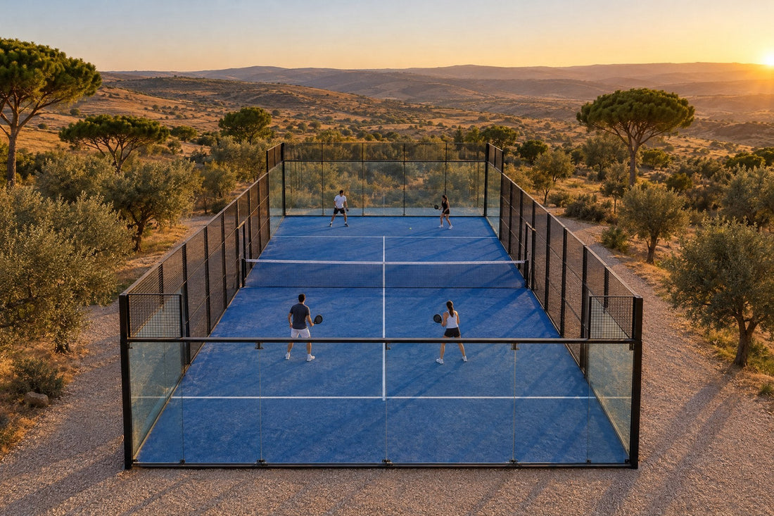 Una pista de pádel al aire libre al atardecer, entre olivos y pinos, con las lomas secas de la meseta al fondo. Imagen ilustrativa generada con IA; no es una foto del hecho.