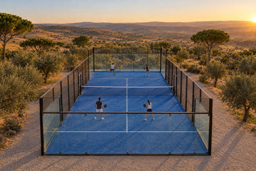 Una pista de pádel al aire libre al atardecer, entre olivos y pinos, con las lomas secas de la meseta al fondo. Imagen ilustrativa generada con IA; no es una foto del hecho.
