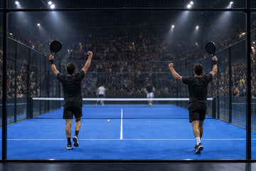 Dos jugadores de pádel, de espaldas, levantan las palas para celebrar un punto en una pista de cristal dentro de un pabellón lleno, de noche. Imagen ilustrativa generada con IA; no es una foto del hecho.