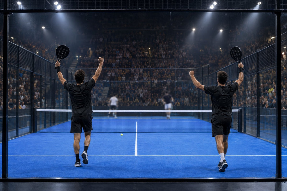 Dos jugadores de pádel, de espaldas, levantan las palas para celebrar un punto en una pista de cristal dentro de un pabellón lleno, de noche. Imagen ilustrativa generada con IA; no es una foto del hecho.
